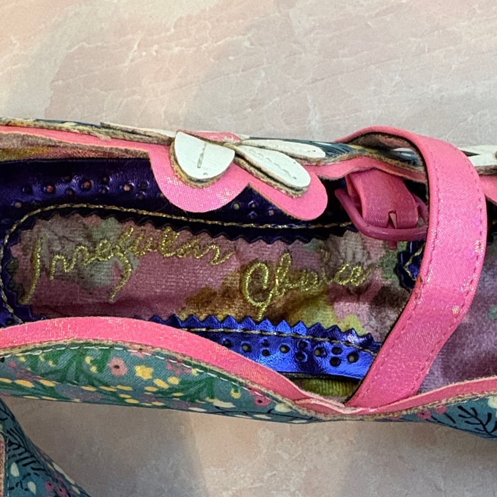 Irregular Choice Green Floral Mary Janes with Pink Straps - Picture 3 of 9